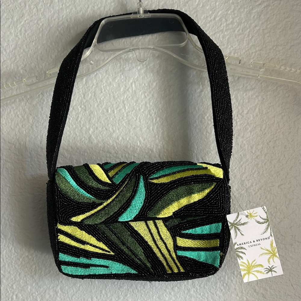 Chic Black and Green Small Beaded Shoulder Bag
